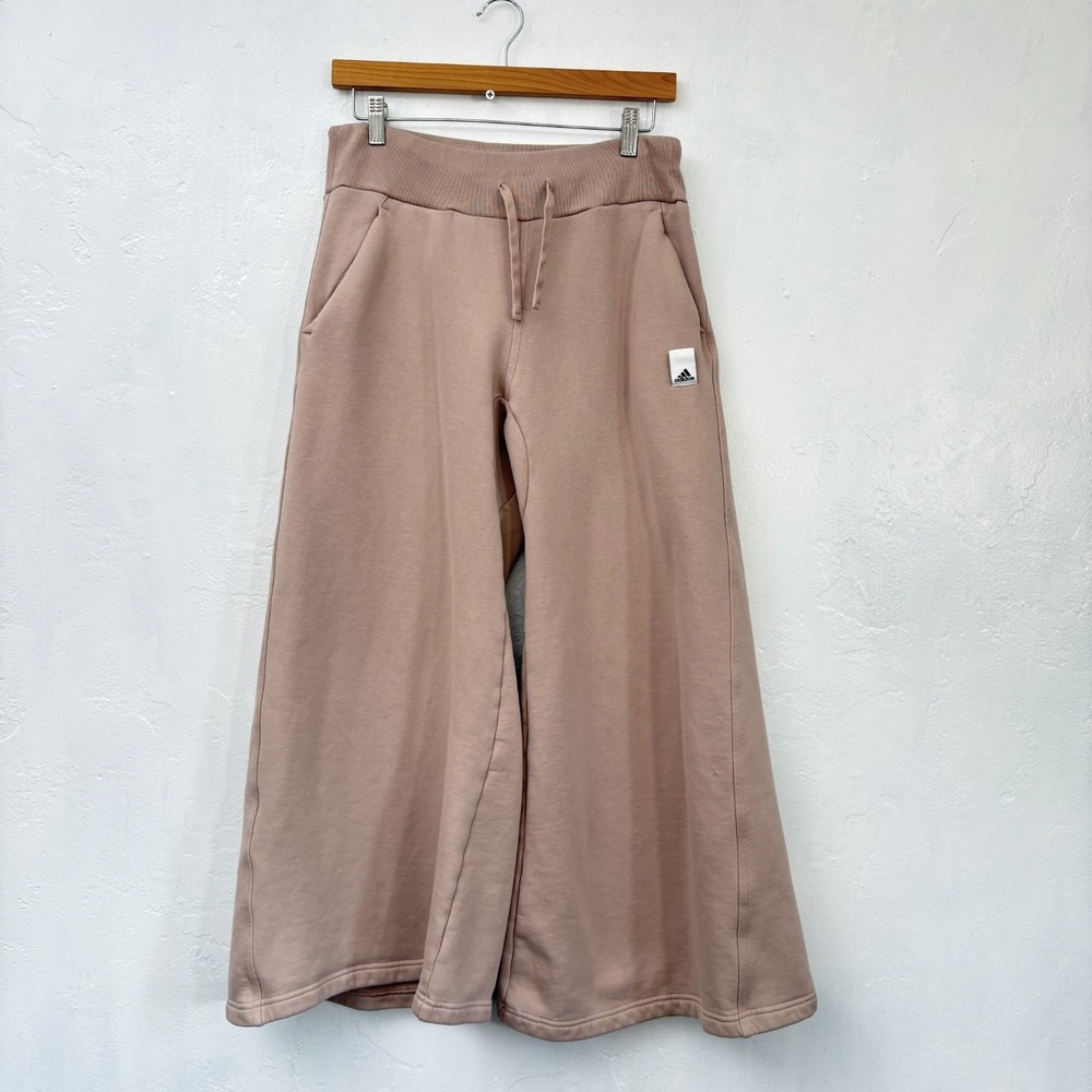 Adidas Wide Leg Sweatpants Women Size Small Beige Pull On Drawstring FLAWS